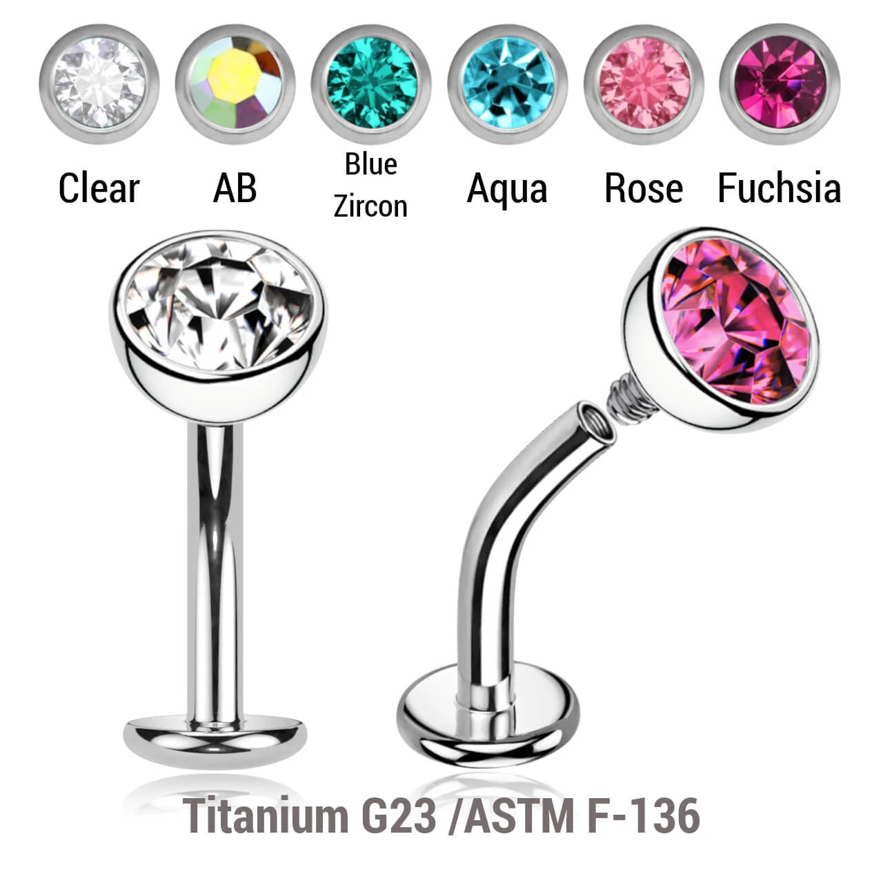 YCL16JH Pack of 5 high polished titanium internally threaded floating belly labrets with convex base plate, Thickness 1.6mm with flat jewel ball top