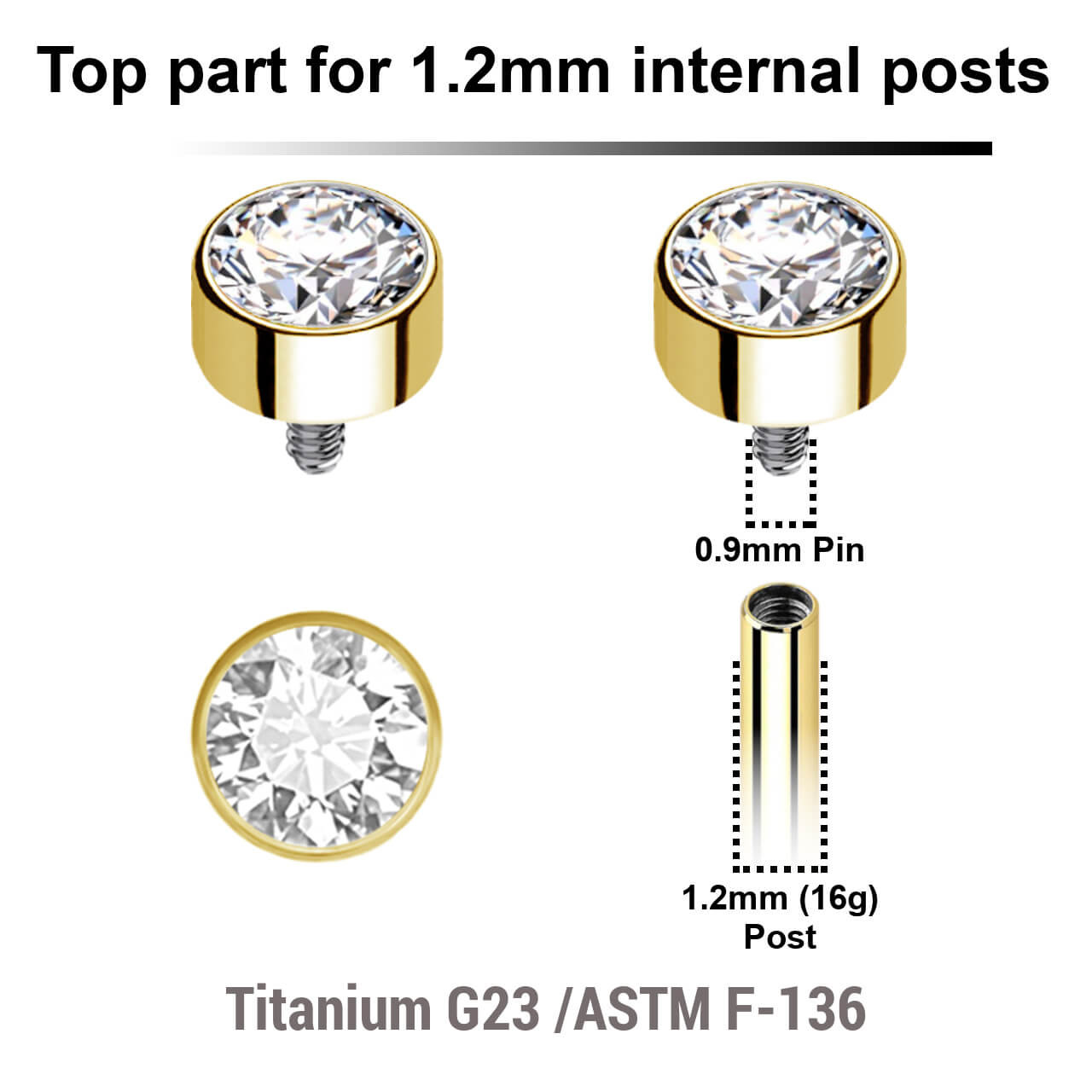 UTP12X23 Pack of 5 Gold PVD plated Titanium Internally threaded 3mm round disk labret tops with a bezel set crystal, Thread size 0.9mm