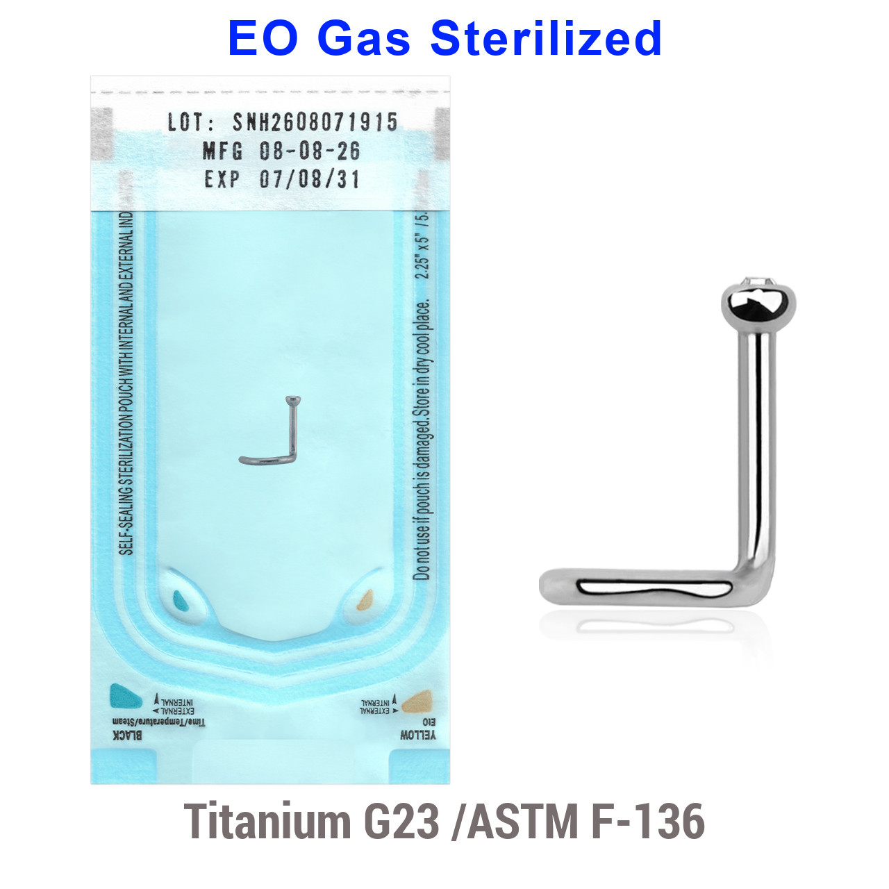 WNS01BJ2 Sterilized body piercing pack of 10 Titanium G23 nose screws with 2mm rounded top with bezel set crystal, thickness 1mm
