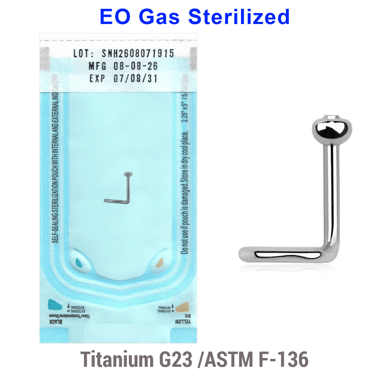WNS01BJ25 Sterilized body piercing pack of 10 Titanium G23 nose screws with 2.5mm rounded top with bezel set crystal, thickness 1mm