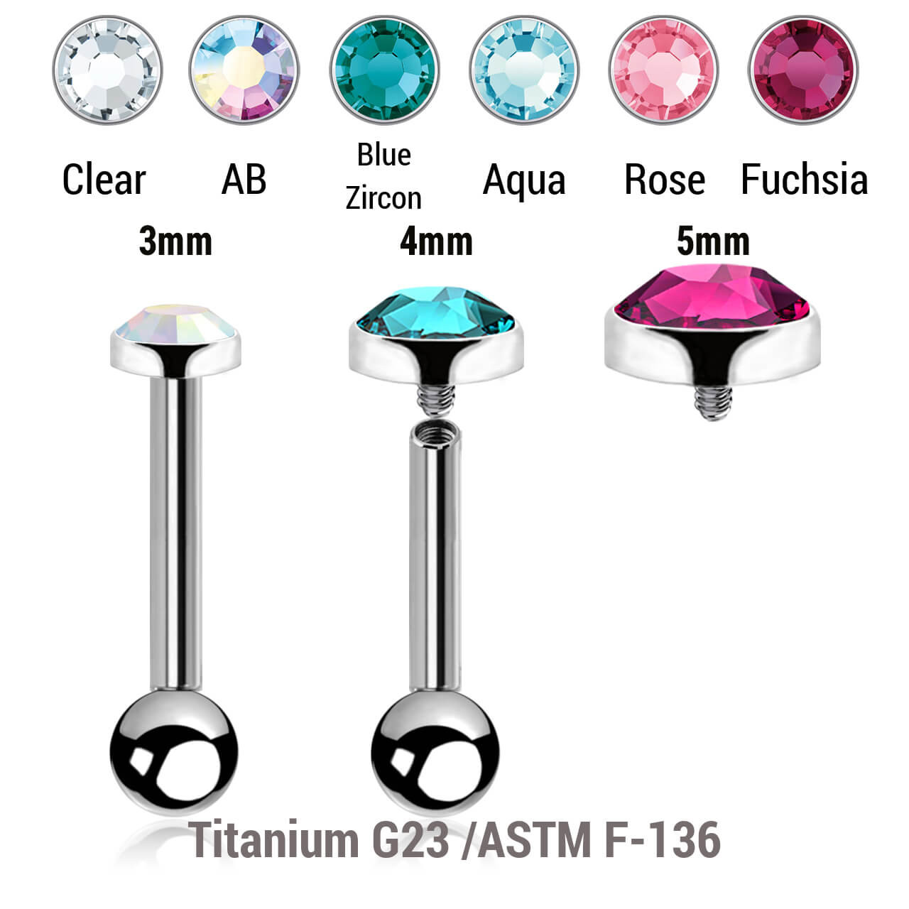 YBA12FJ Pack of 5 high polished titanium internally threaded tragus barbells, Thickness 1.2mm, with a flat bezel set crystal top and a lower 3mm plain ball
