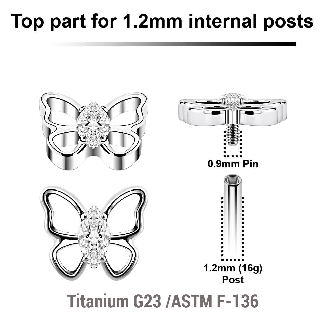 YTP12X40 Pack of 5 Titanium Internally threaded labret tops with a butterfly design with CZ body