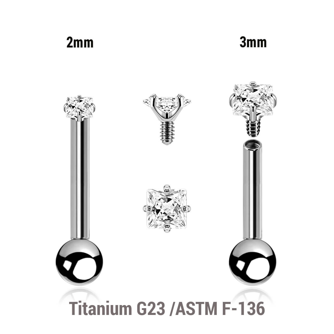 YBA12CZQS Pack of 5 high polished titanium internally threaded tragus barbells, Thickness 1.2mm, with a top prong set square CZ stone and a lower 3mm plain ball