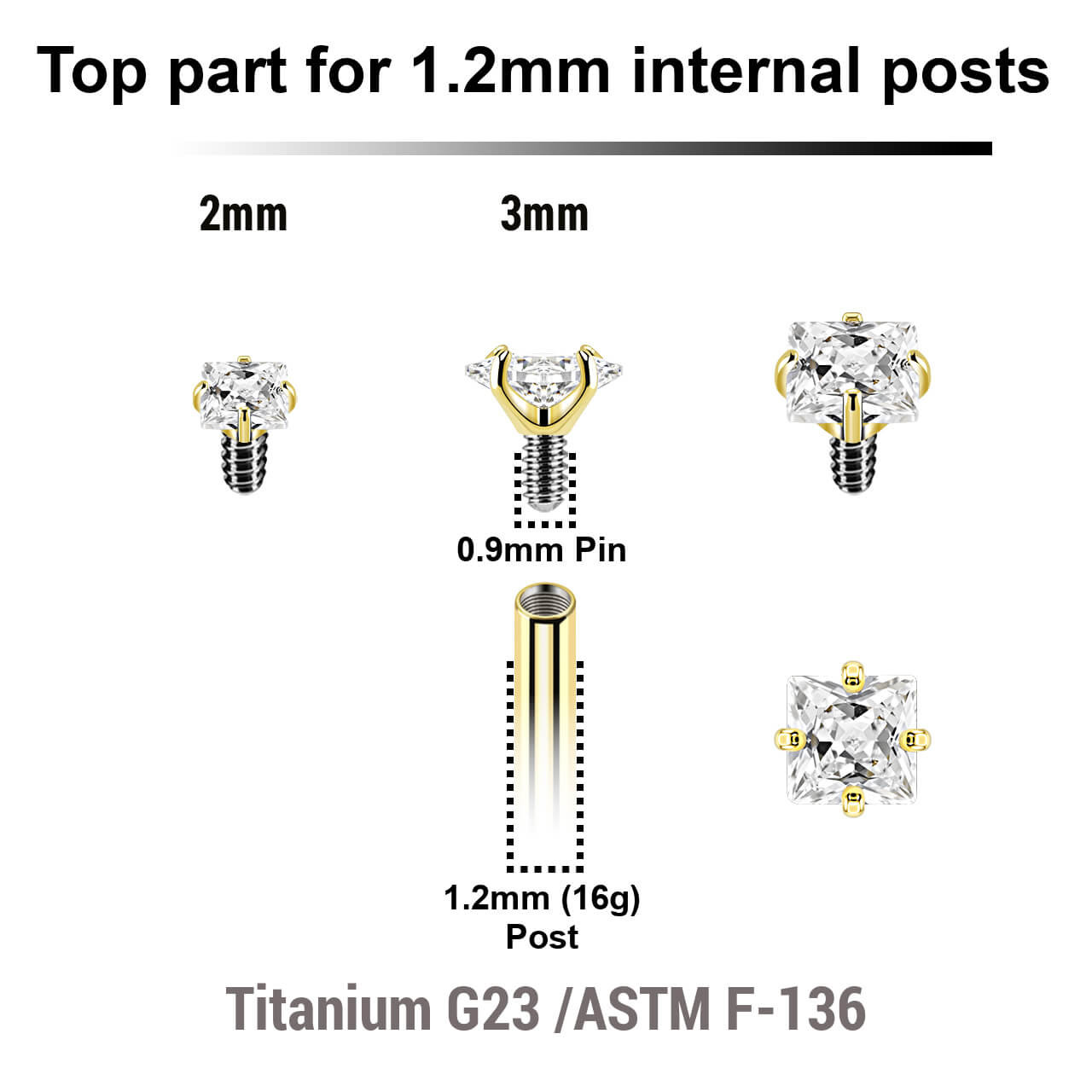 UTP12CZQ Pack of 10 Gold PVD plated titanium square prong set CZ attachments for 1.2mm internally threaded items, Thread size 0.9mm