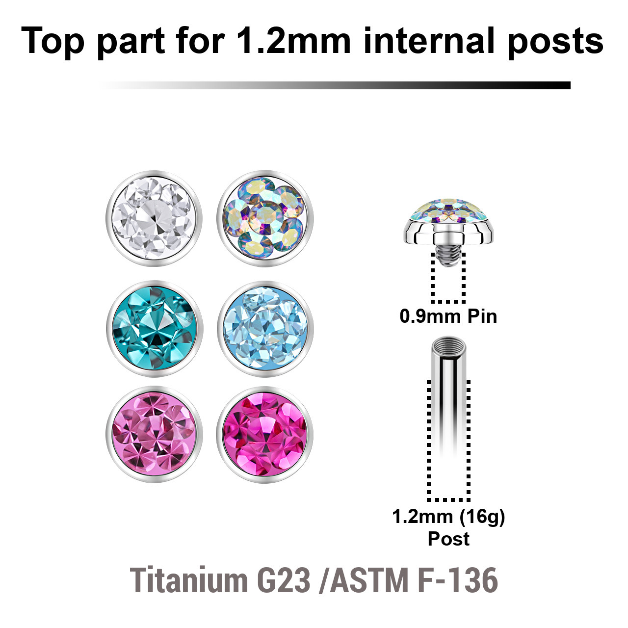 YTP12FC3 Pack of 10 Titanium ASTM F-136 internally threaded flat disk labret tops size 3mm with ferido glued crystal with epoxy resin cover, internal thread size 0.9mm for 1.2mm (16g) post