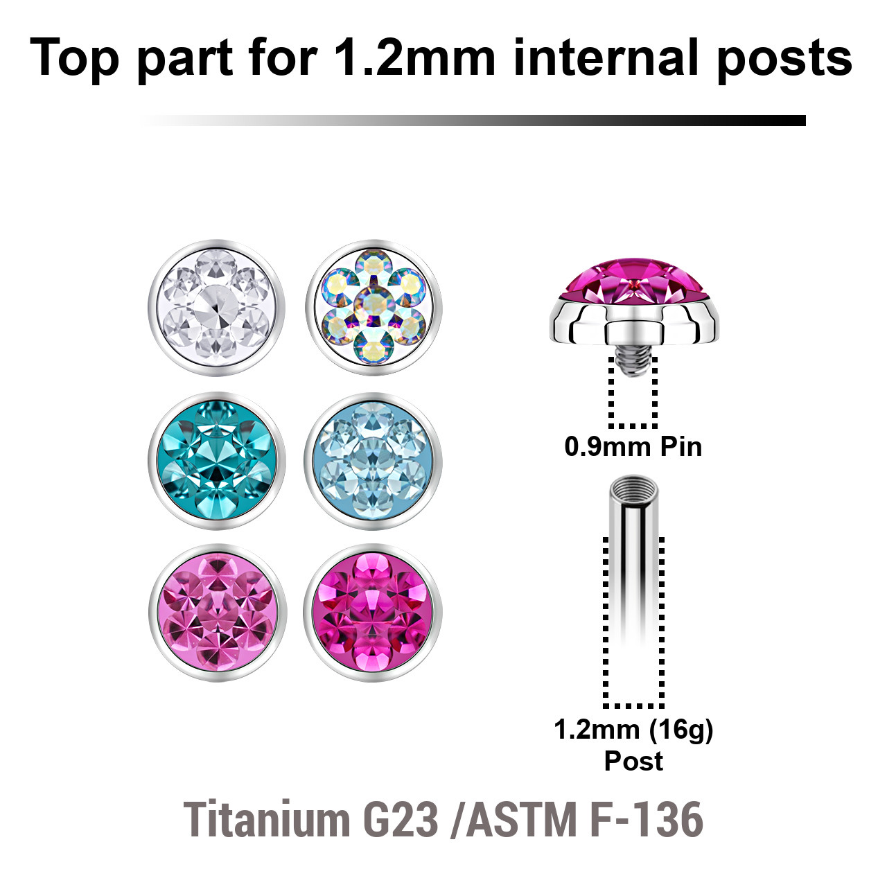 YTP12FC4 Pack of 10 Titanium ASTM F-136 internally threaded flat disk labret tops size 4mm with ferido glued crystal with epoxy resin cover, internal thread size 0.9mm for 1.2mm (16g) post