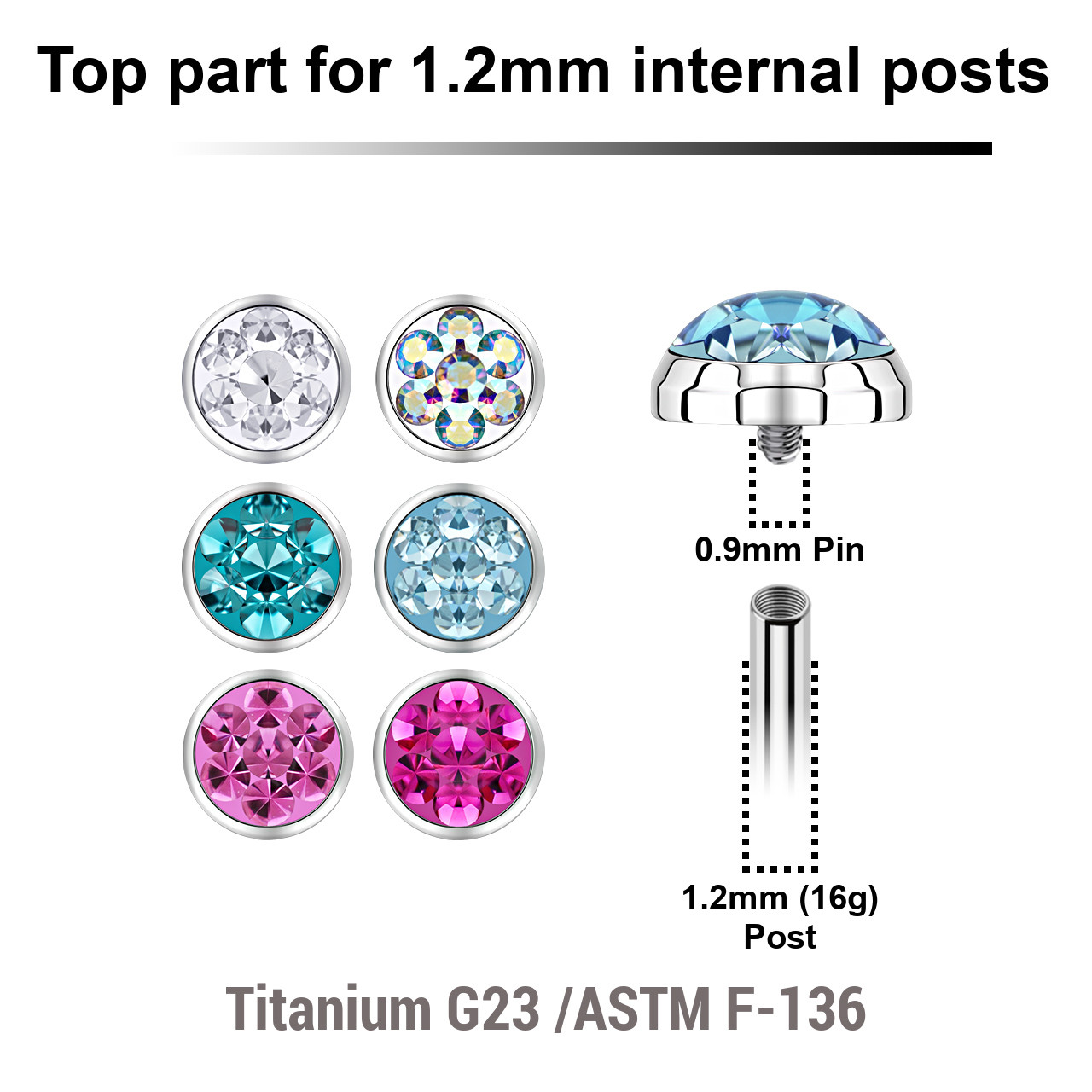 YTP12FC5 Pack of 10 Titanium ASTM F-136 internally threaded flat disk labret tops size 5mm with ferido glued crystal with epoxy resin cover, internal thread size 0.9mm for 1.2mm (16g) post
