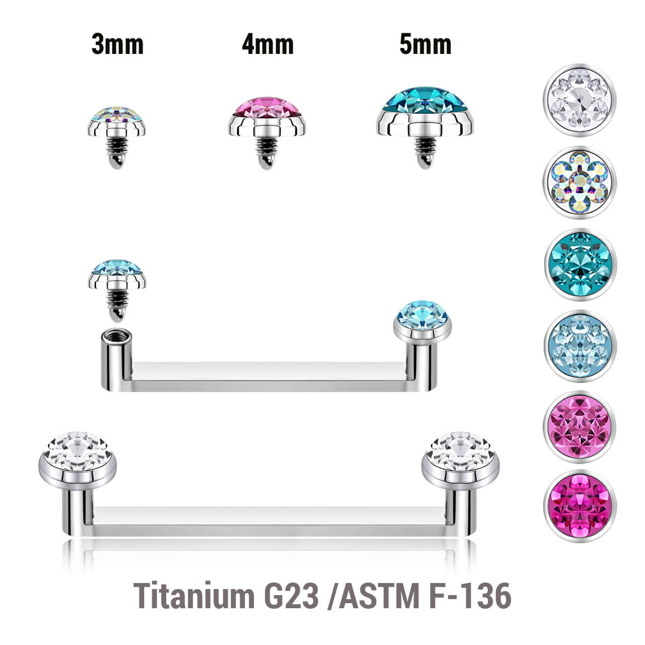 YSB16FC Pack of 5 high polished Titanium ASTM F-136 internally threaded flat surface barbells with a 90 degree angle, thickness 1.6mm and flat disk top with ferido glued crystal with epoxy resin cover