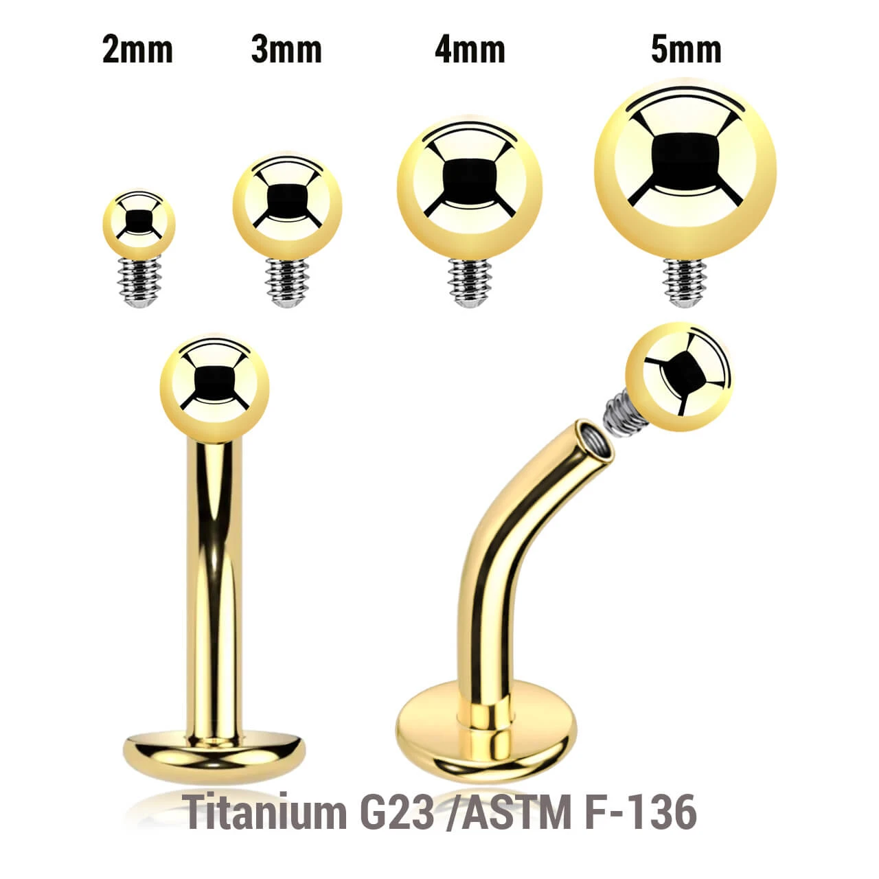 UCL16B Pack of 5 Gold PVD plated Titanium ASTM F-136 internally threaded floating belly labrets with convex base plate, Thickness 1.6mm with plain ball top
