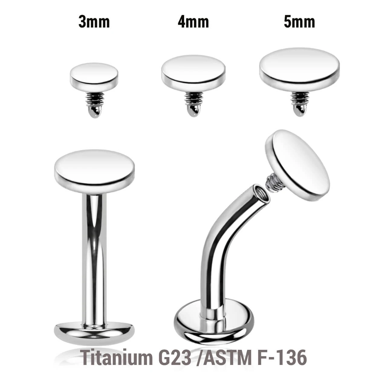 YCL16D Pack of 5 high polished Titanium ASTM F-136 internally threaded floating belly labrets with convex base plate, Thickness 1.6mm with flat disk top