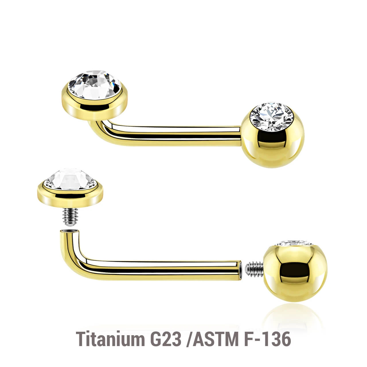 UBL16J5FJ5 Pack of 5 Gold PVD plated Titanium ASTM F-136 internally threaded Christina barbells, thickness 1.6mm with 2.5mm rise and upper 5mm flat disk jewel top and lower 5mm upward facing jewel ball