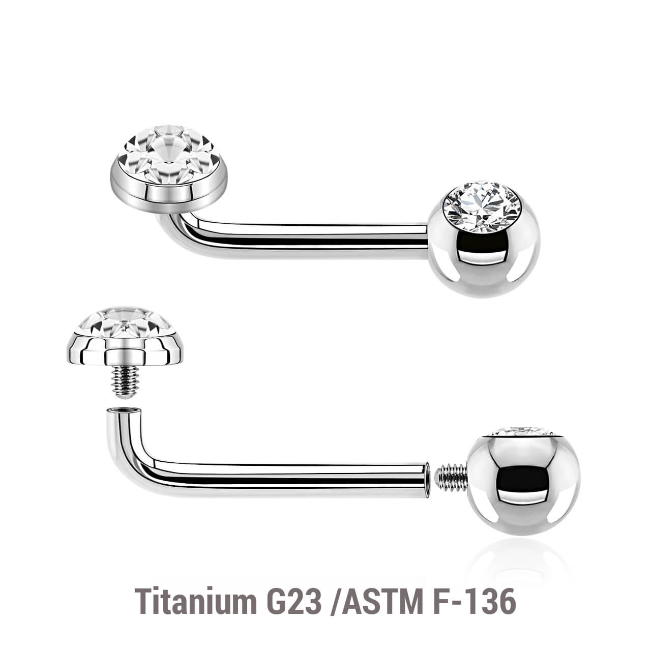 YBL16J5FC5 Pack of 5 high polished Titanium ASTM F-136 internally threaded Christina barbells, thickness 1.6mm with 2.5mm rise and upper 5mm flat disk top with ferido glued crystal with epoxy resin cover and a lower 5mm upward facing jewel ball