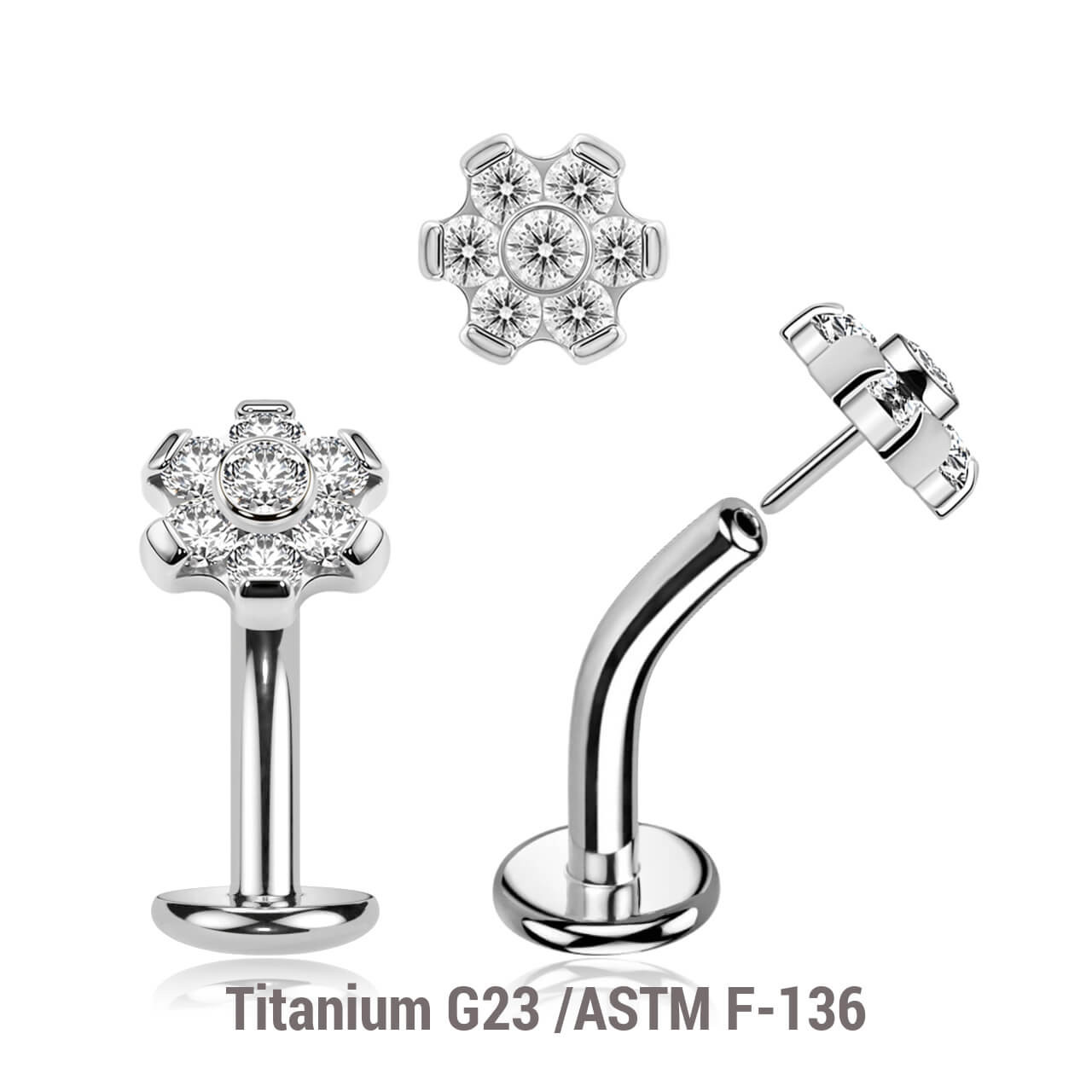 KCL16X01U Pack of 5 high polished Titanium ASTM F-136 threadless floating belly labrets with convex base plate, Thickness 1.6mm with 5mm flower shaped top with prong set CZ stones