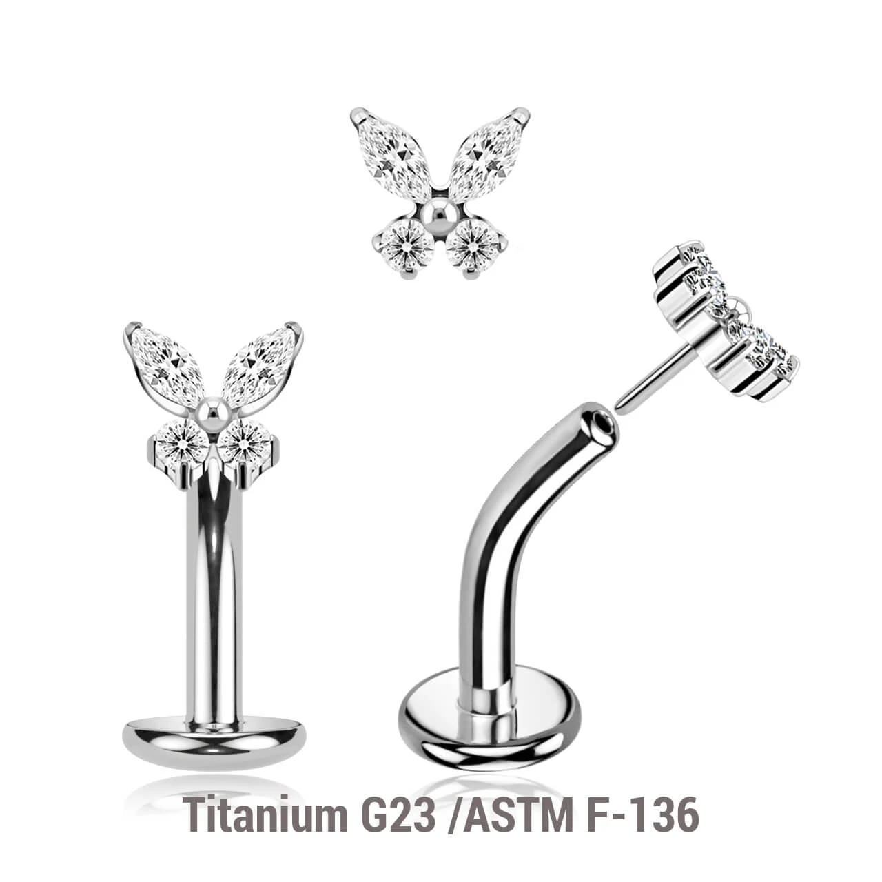 KCL16X04U Pack of 5 high polished Titanium ASTM F-136 threadless floating belly labrets with convex base plate, Thickness 1.6mm with butterfly-shaped top with prong set CZ stones