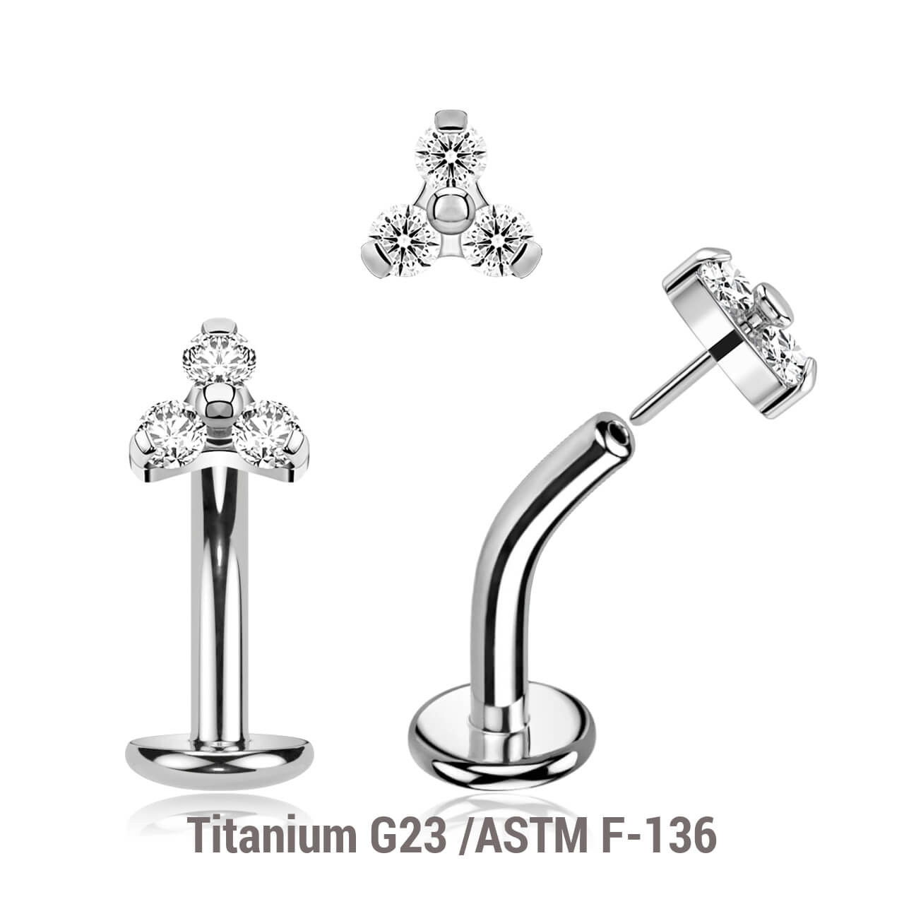 KCL16X07U Pack of 5 high polished Titanium ASTM F-136 threadless floating belly labrets with convex base plate, Thickness 1.6mm with a trinity top with three 2mm prong set CZ stones