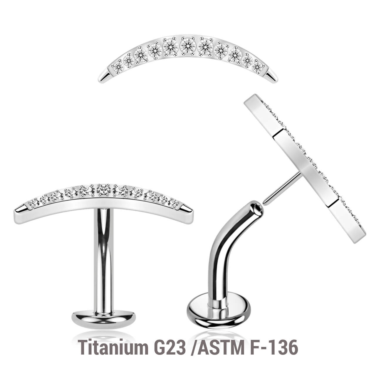 KCL16X18U Pack of 5 high polished Titanium ASTM F-136 threadless floating belly labrets with convex base plate, Thickness 1.6mm with a CZ studded crescent moon top