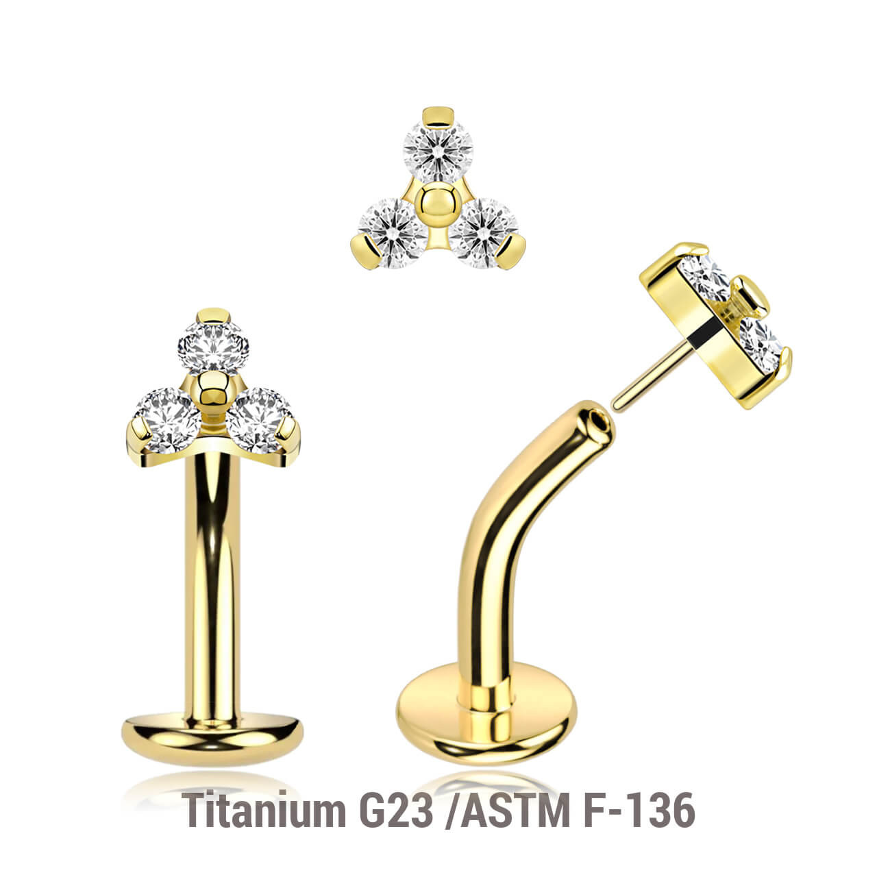 LCL16X07U Pack of 5 Gold Pvd plated Titanium ASTM F-136 threadless floating belly labrets with convex base plate, Thickness 1.6mm with a trinity top with three 2mm prong set CZ stones