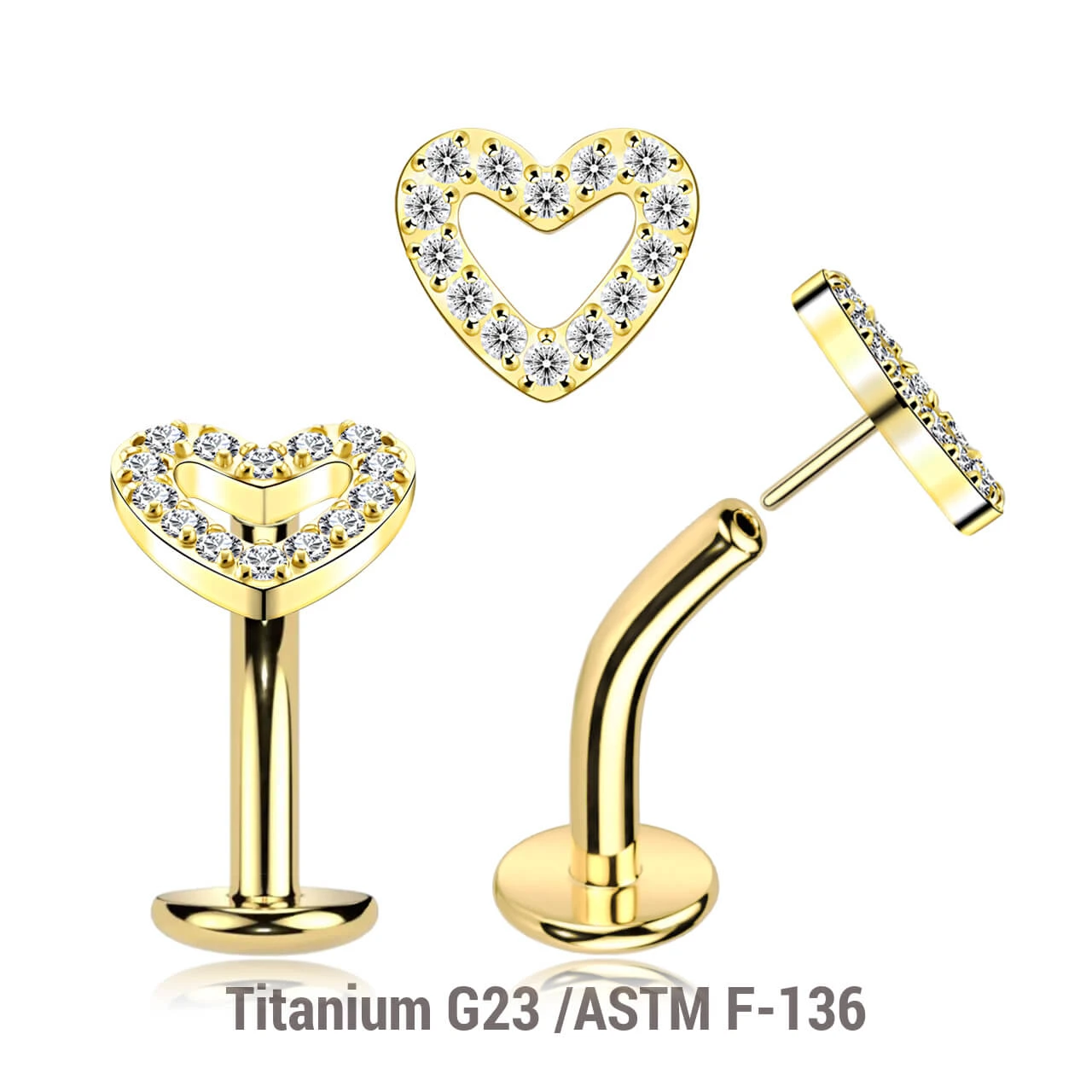 LCL16X12U Pack of 5 Gold Pvd plated Titanium ASTM F-136 threadless floating belly labrets with convex base plate, Thickness 1.6mm with a CZ studded heart top