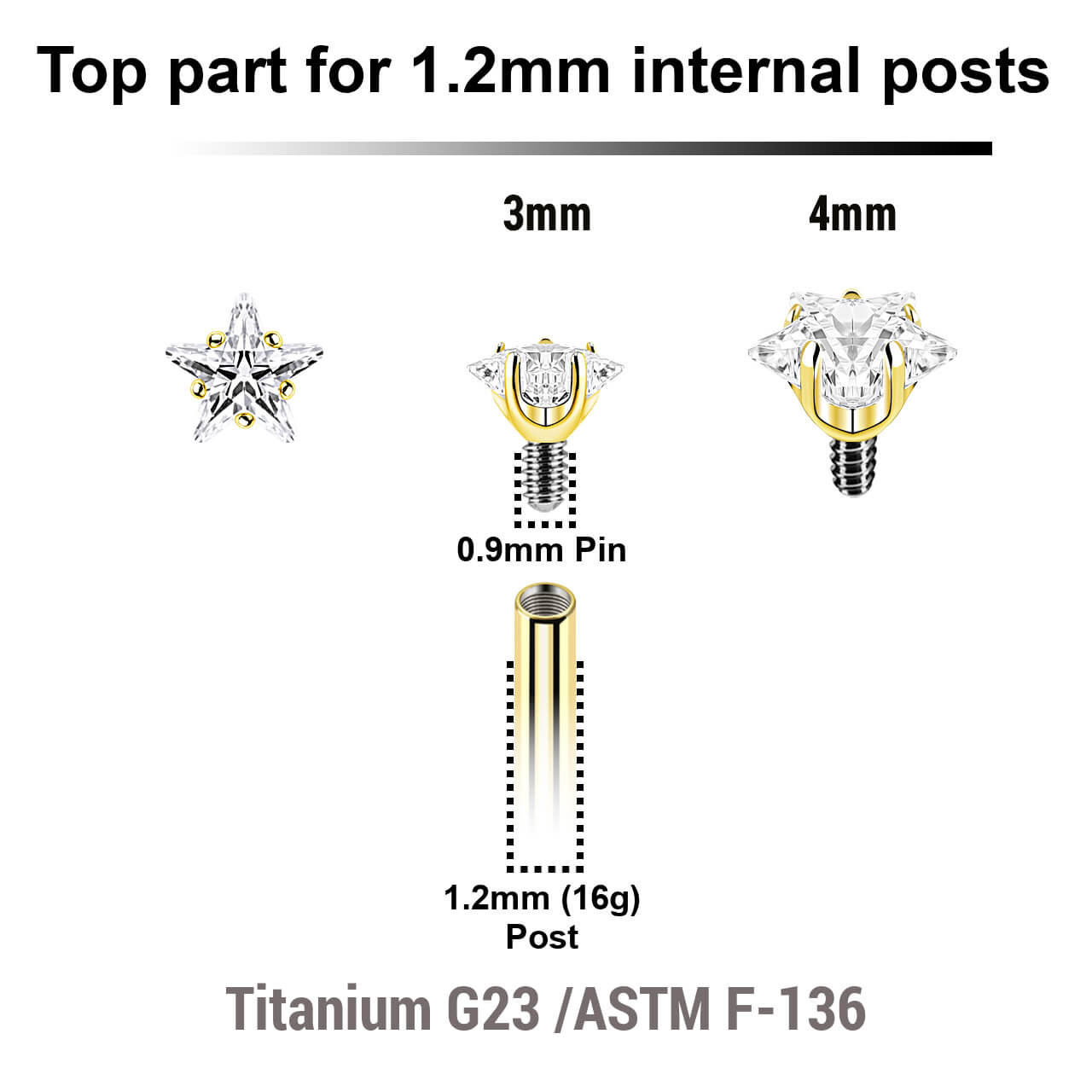 UTP12CZS Pack of 10 Gold PVD plated Titanium ASTM F-136 star shaped prong set CZ attachments for 1.2mm internally threaded items, Thread size 0.9mm