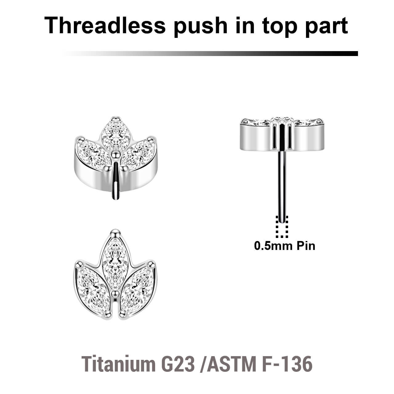 KTP05X15 Pack of 5 Titanium ASTM F-136 threadless push in labret tops with leaf shaped top with 3 marquis cut prong set CZ stones
