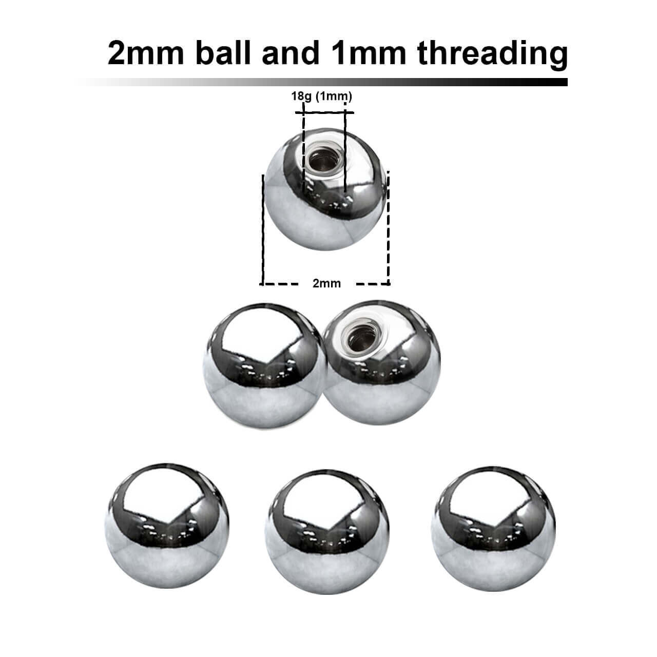 SYB1N2 Piercing studio supplies: Pack of 25 high polished surgical steel balls with 2mm diameter and a 1mm threading