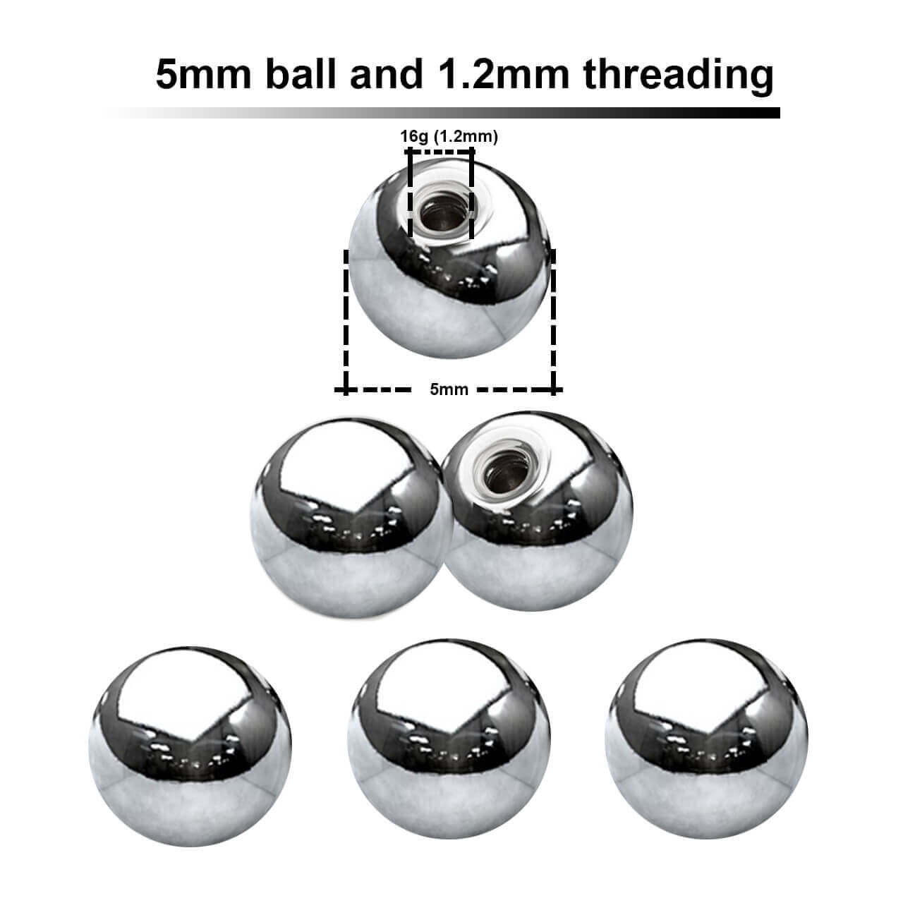 SYB12N5 Piercing studio supplies: Pack of 25 high polished surgical steel balls with 5mm diameter and a 1.2mm threading