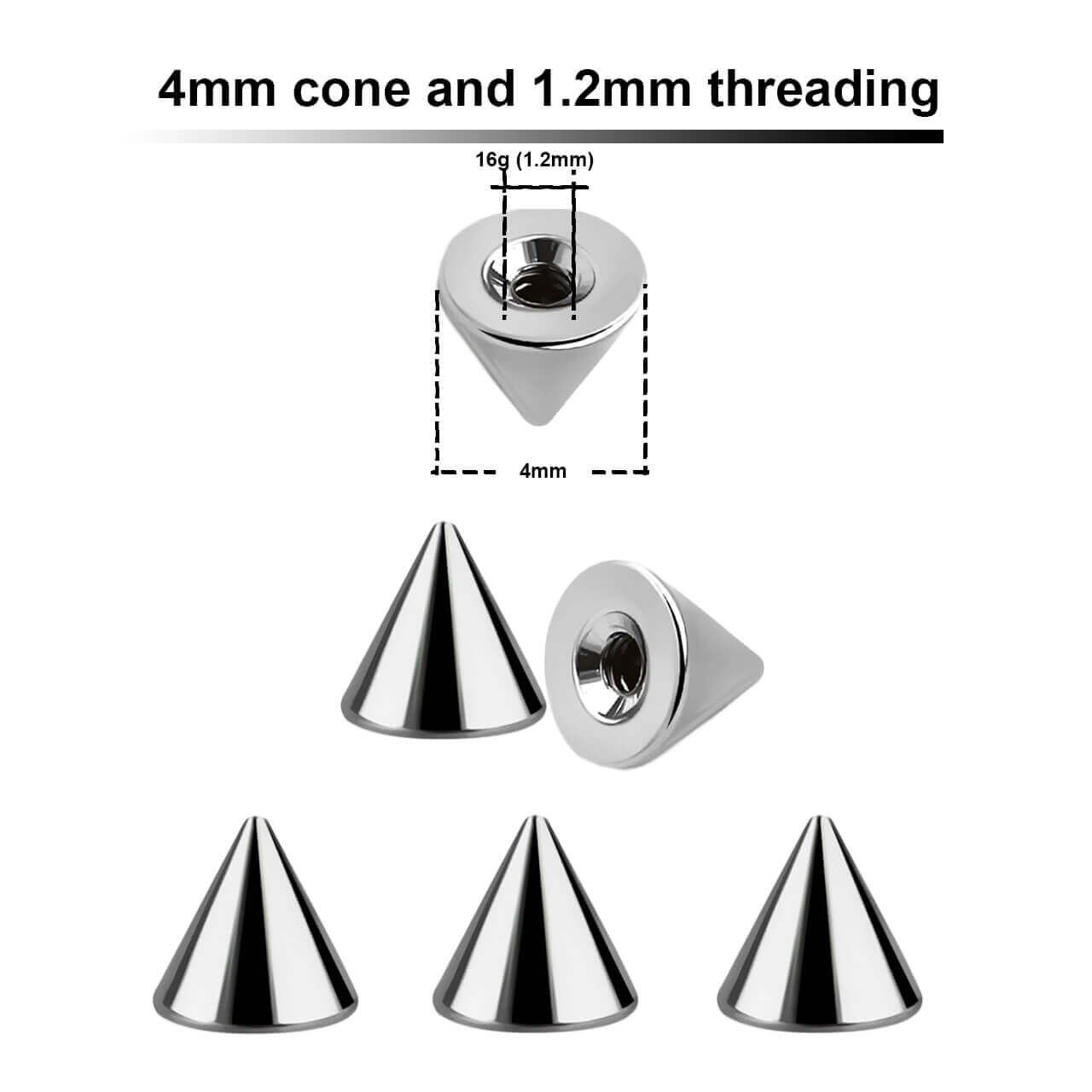 SYC12N4 Bulk body jewelry parts pack of 25  high polished surgical steel cones with 4mm diameter and a 1.2mm threading