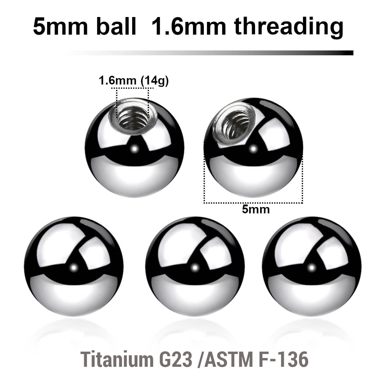 TYB16N5 Piercing studio supplies: Pack of 25 high polished titanium G23 balls with 5mm diameter and a 1.6mm threading