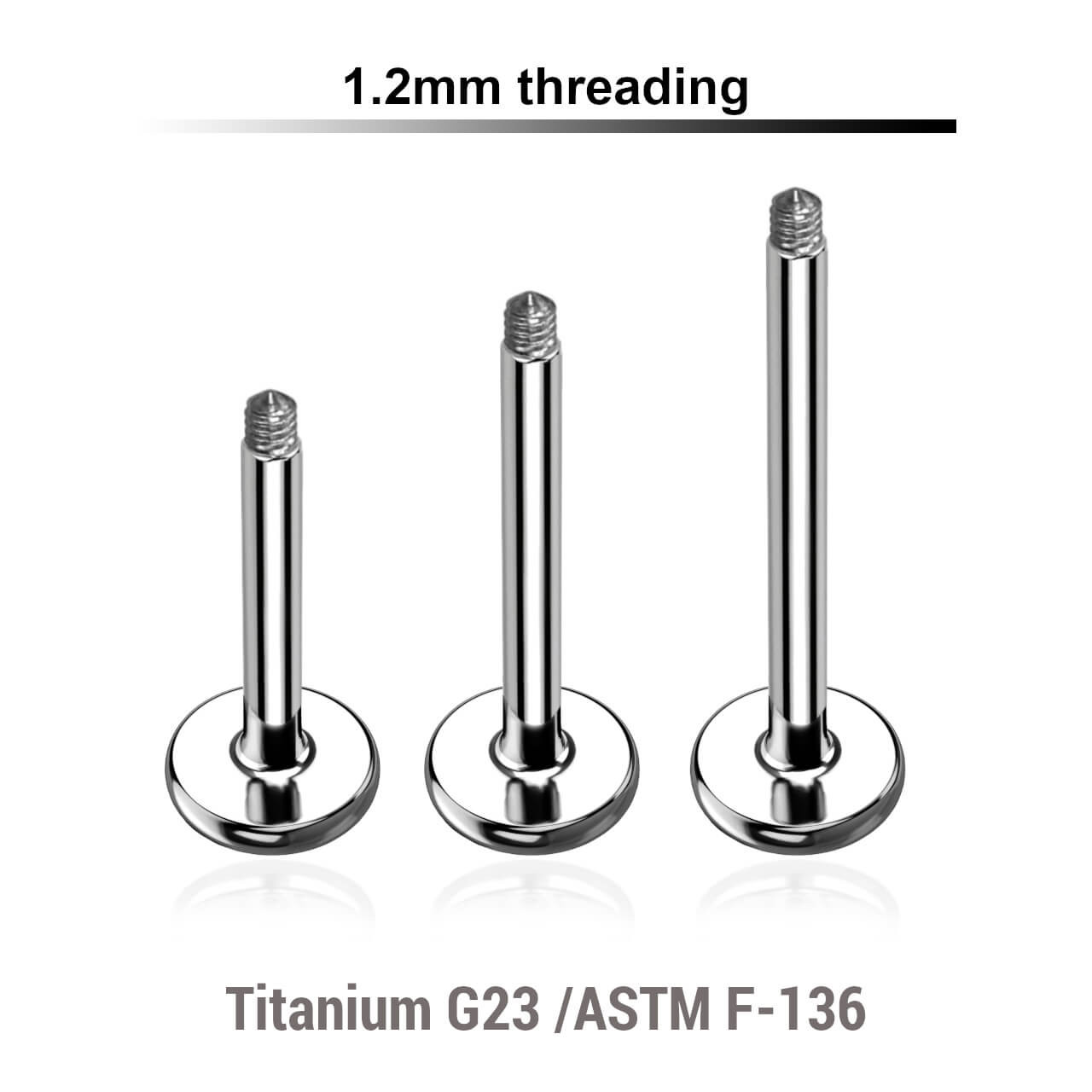 TYLB12N Piercing studio supplies: Pack of 25 pcs. of labret posts in high polished titanium G23, thickness 1.2mm