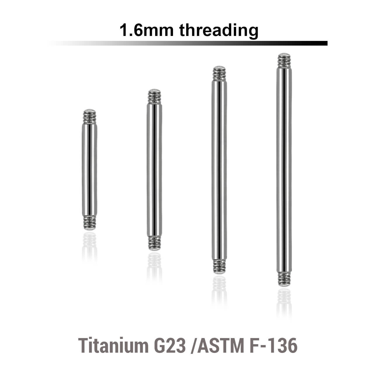 TYBA16N Piercing studio supplies: Pack of 25 pcs. of straight barbell posts in high polished titanium G23, thickness 1.6mm