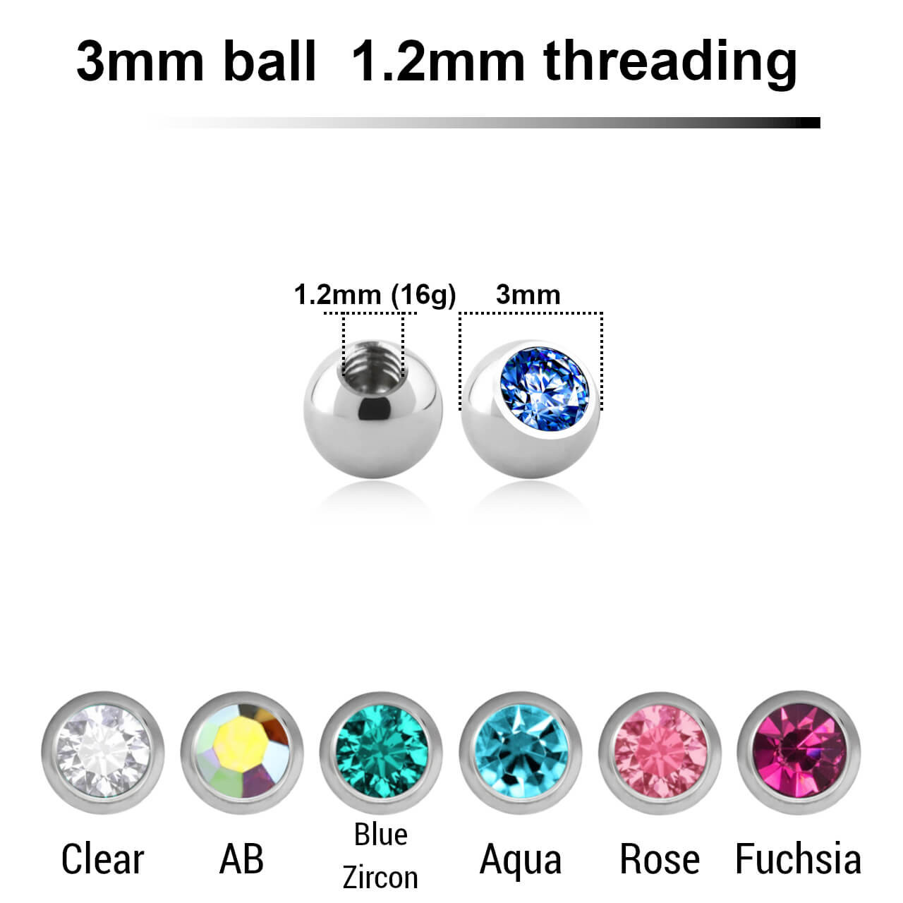 SYB12J3 Piercing studio supplies: Pack of 25 high polished 316L steel balls with a 3mm diameter and a bezel set crystal, 1.2mm threading