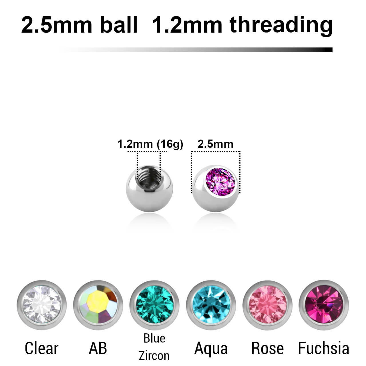 SYB12J25 Piercing studio supplies: Pack of 25 high polished 316L steel balls with a 2.5mm diameter and a bezel set crystal, 1.2mm threading