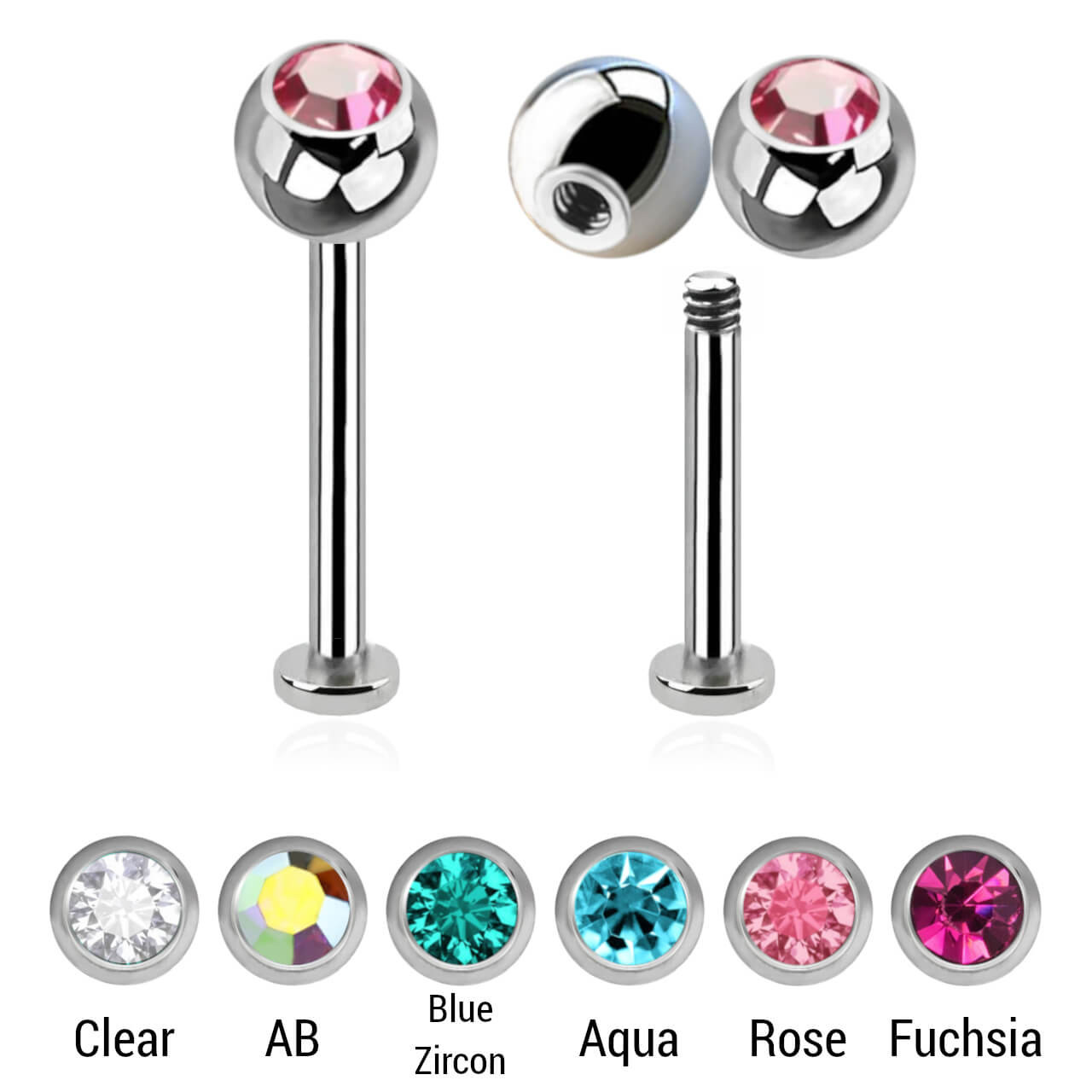 SLB12BJ4T Pack of 10 surgical steel tragus labrets with 2.5mm disk, Thickness 1.2mm, with 4mm bezel set crystal ball