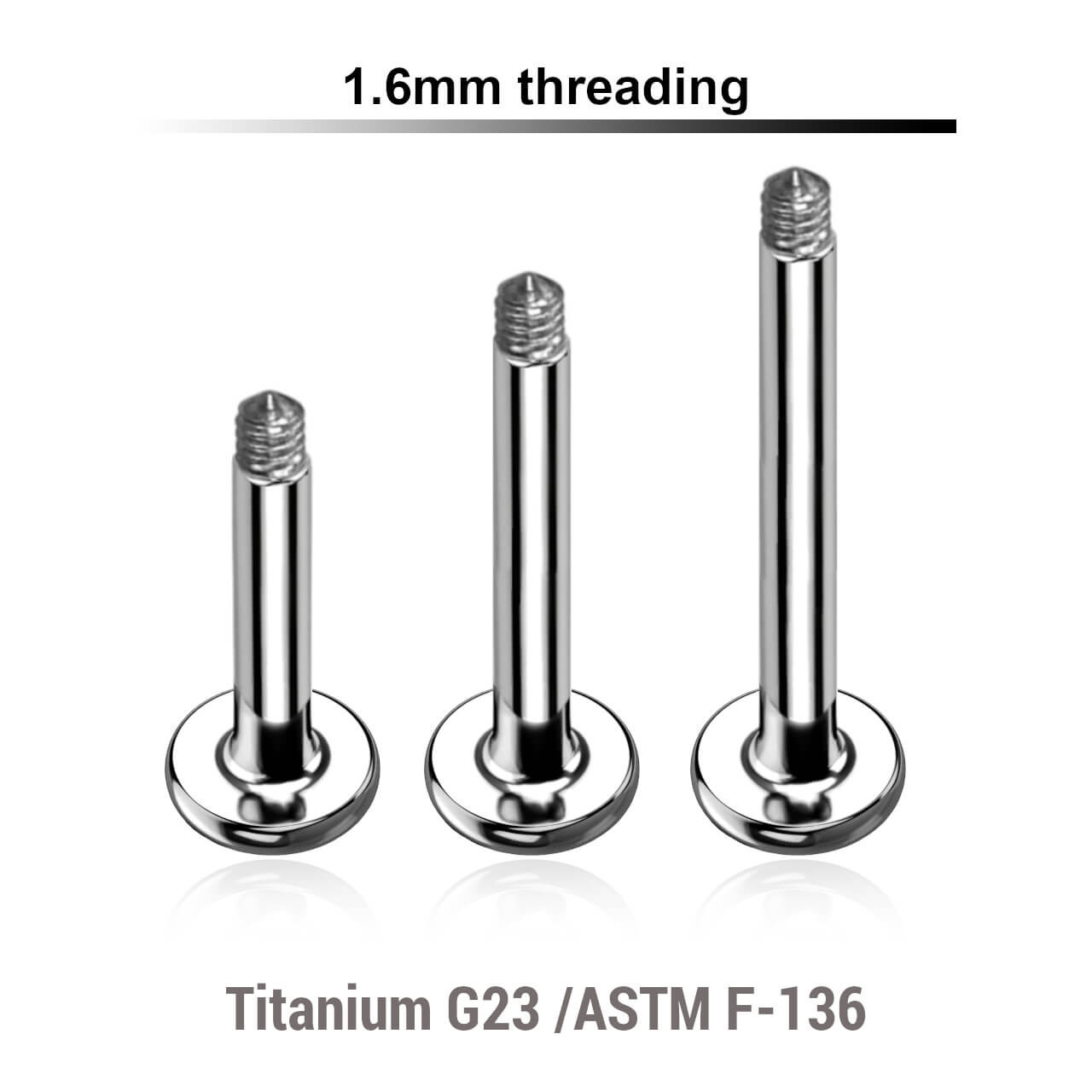 TYLB16N Piercing studio supplies: Pack of 25 pcs. of labret posts in high polished titanium G23, thickness 1.6mm