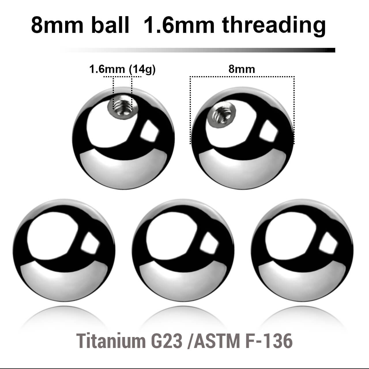 TYB16N8 Piercing studio supplies: Pack of 25 high polished titanium G23 balls with 8mm diameter and a 1.6mm threading TYB16N8 Piercing studio supplies: Pack of 25 high polished titanium G23 balls with 8mm diameter and a 1.6mm threading