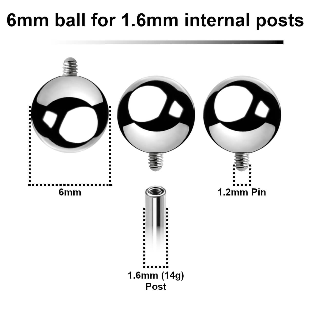 FYB16N6 Pack of 25 high polished surgical steel balls with 6mm diameter for 1.6mm internally threaded post