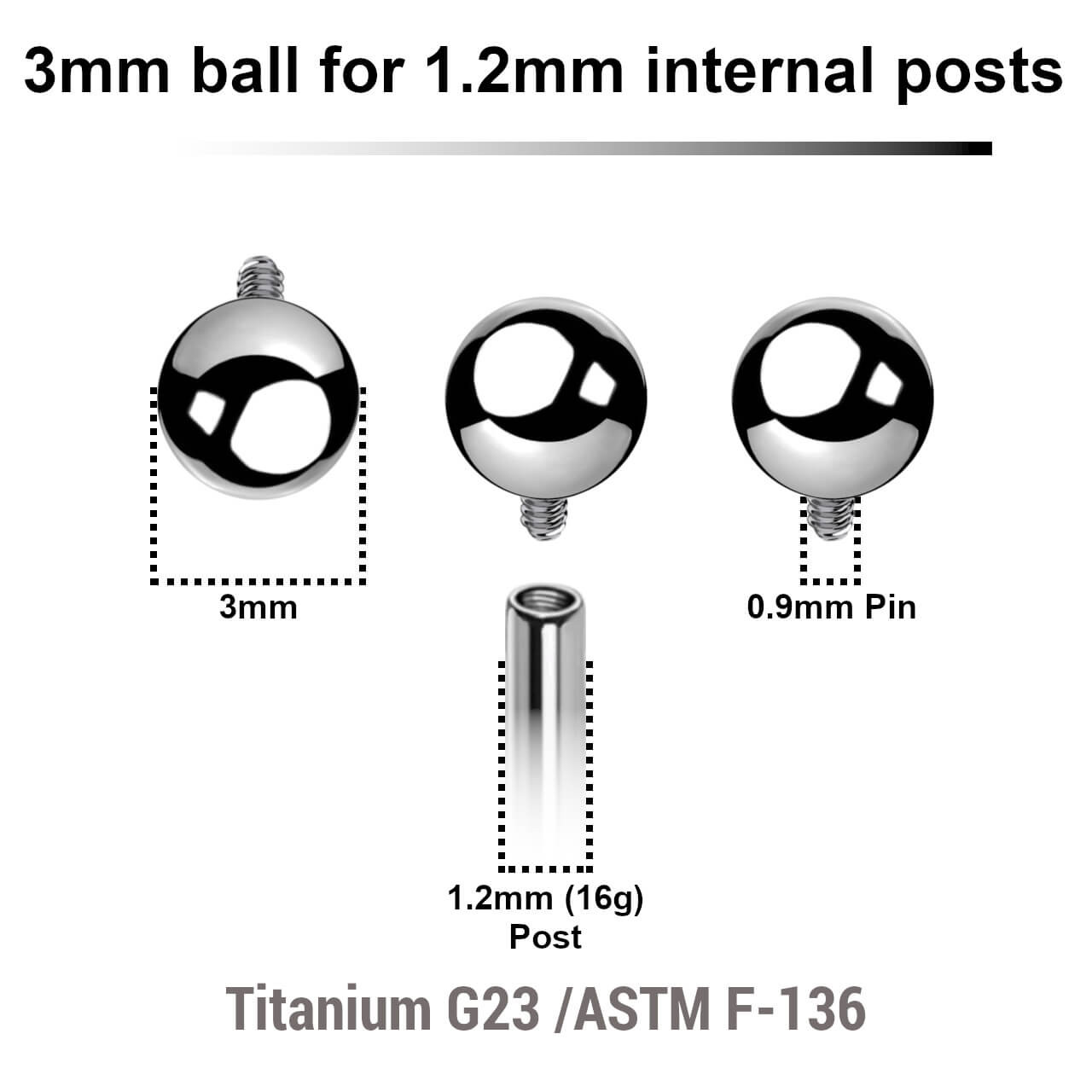 YYB12N3 Pack of 25 high polished titanium balls with 3mm diameter for 1.2mm internally threaded post