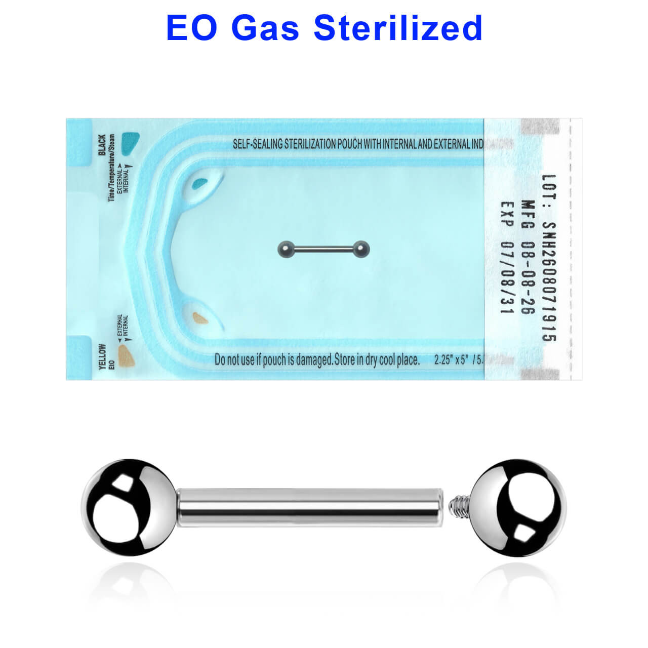 QBA12B3 Sterilized body piercing assortment of 10 surgical steel internally threaded eyebrow or helix barbells, Thickness 1.2mm, Ball size 3mm