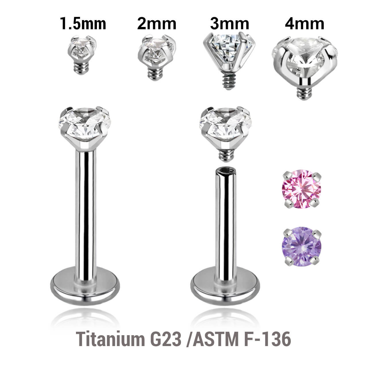 YLB12CZ Pack of 10 high polished titanium internally threaded labrets, Thickness 1.2mm, with prong set CZ stones YLB12CZ Pack of 10 high polished titanium internally threaded labrets, Thickness 1.2mm, with prong set CZ stones
