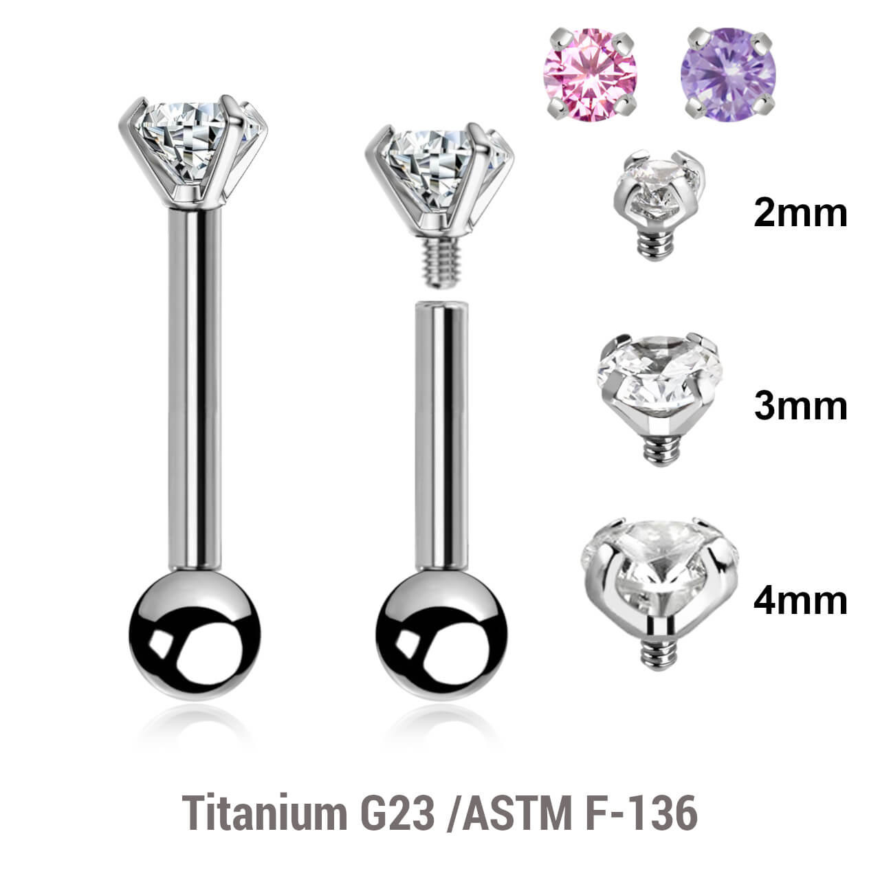 YBA12CZS Pack of 5 high polished titanium internally threaded helix barbells, Thickness 1.2mm, with a top prong set CZ stone and a lower 3mm plain ball