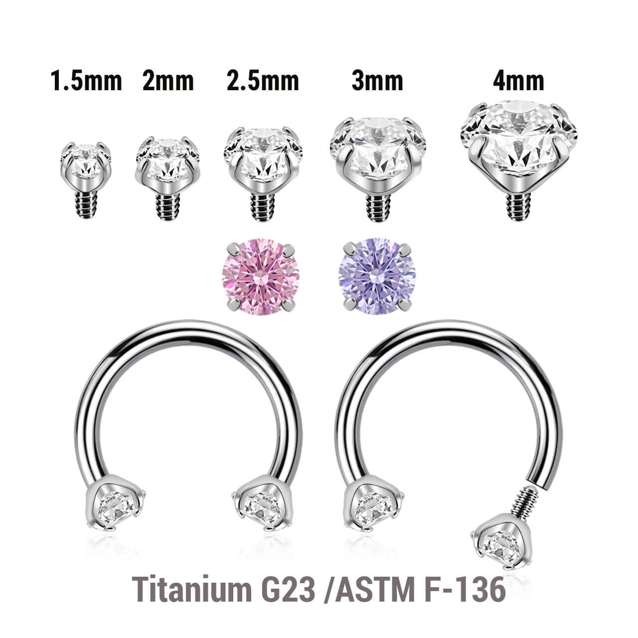 YCB12CZ Pack of 5 high polished titanium internally threaded circular barbells, Thickness 1.2mm, with prong set CZ stones