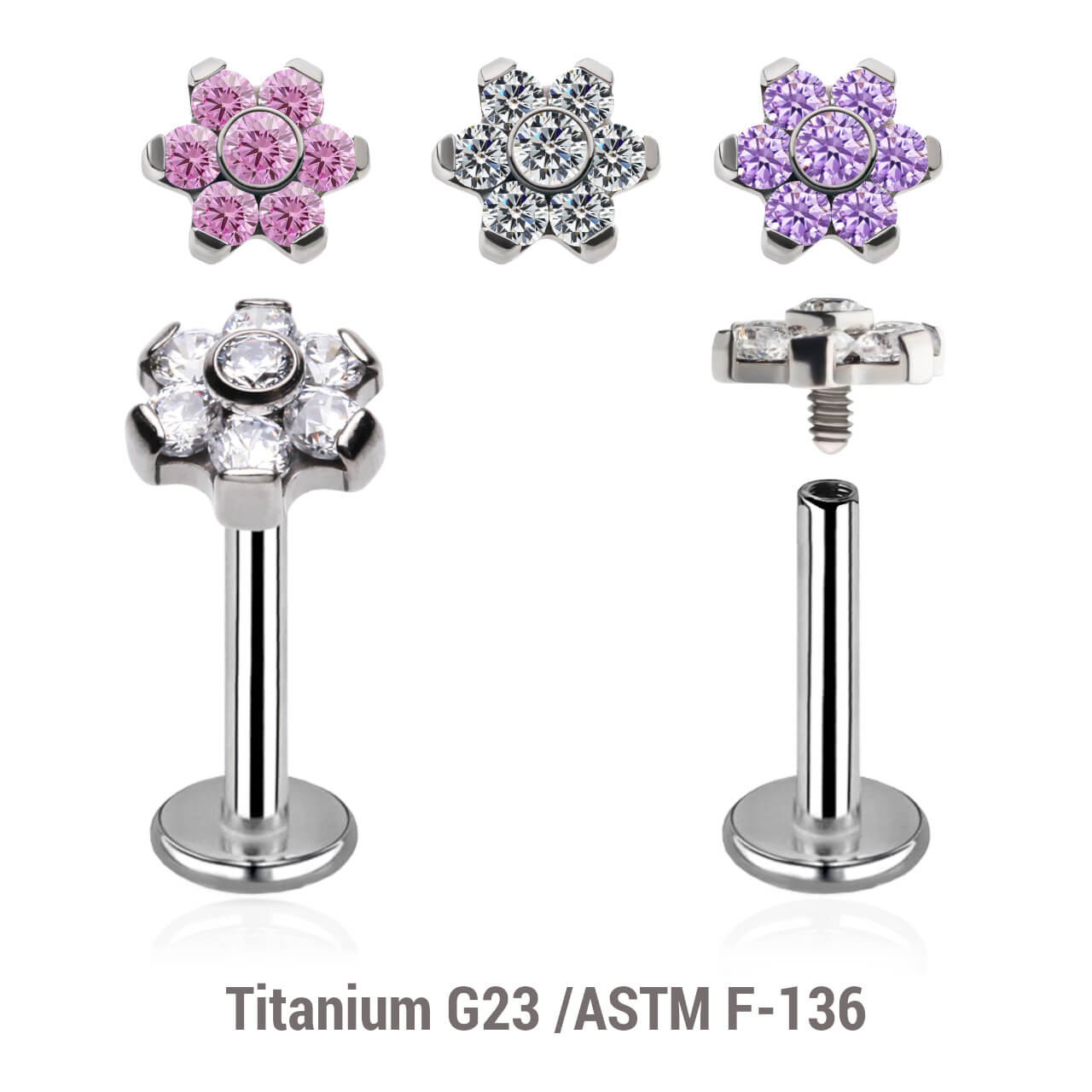YLB12X01 Pack of 5 high polished titanium internally threaded labrets, Thickness 1.2mm, with 5mm flower shaped top with prong set CZ stones (1 central stone + 6 stones around)