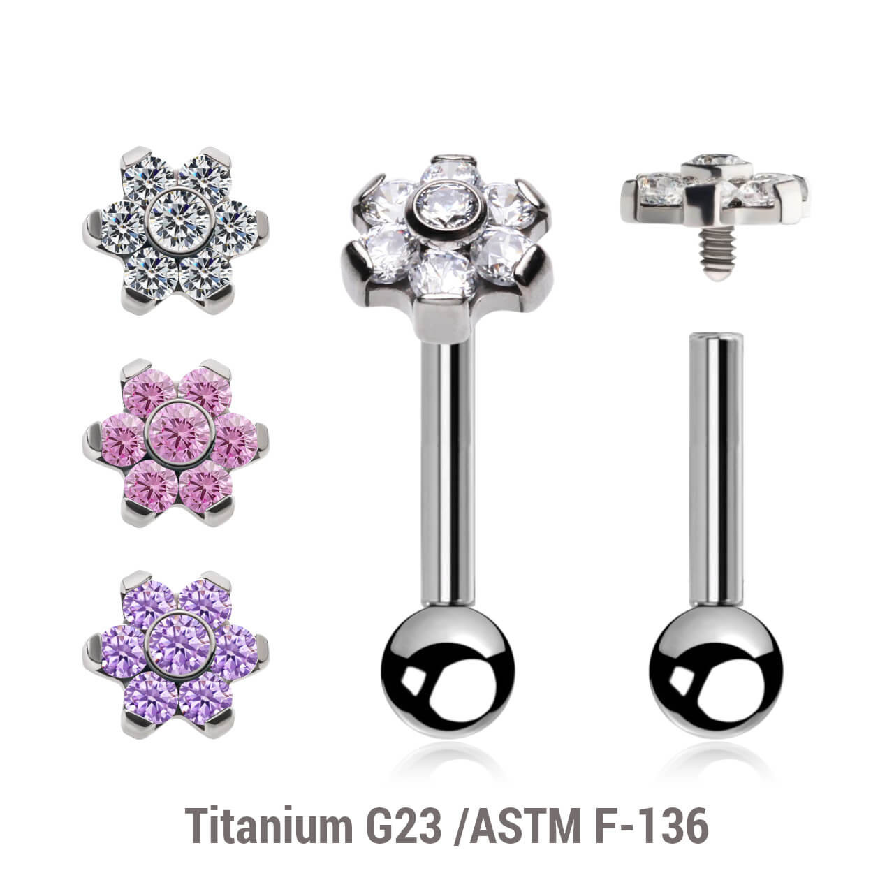 YBA12X01 Pack of 5 high polished titanium internally threaded tragus barbells, Thickness 1.2mm, with 5mm flower shaped top with prong set CZ stones (1 central stone + 6 stones around) and a lower 3mm plain ball