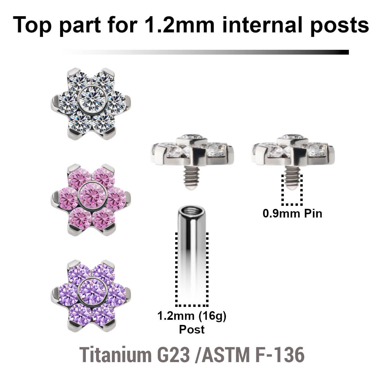 YTP12X01 Pack of 5 Titanium Internally threaded labret tops in flower shape with prong set CZ stones, Thread size 0.9mm