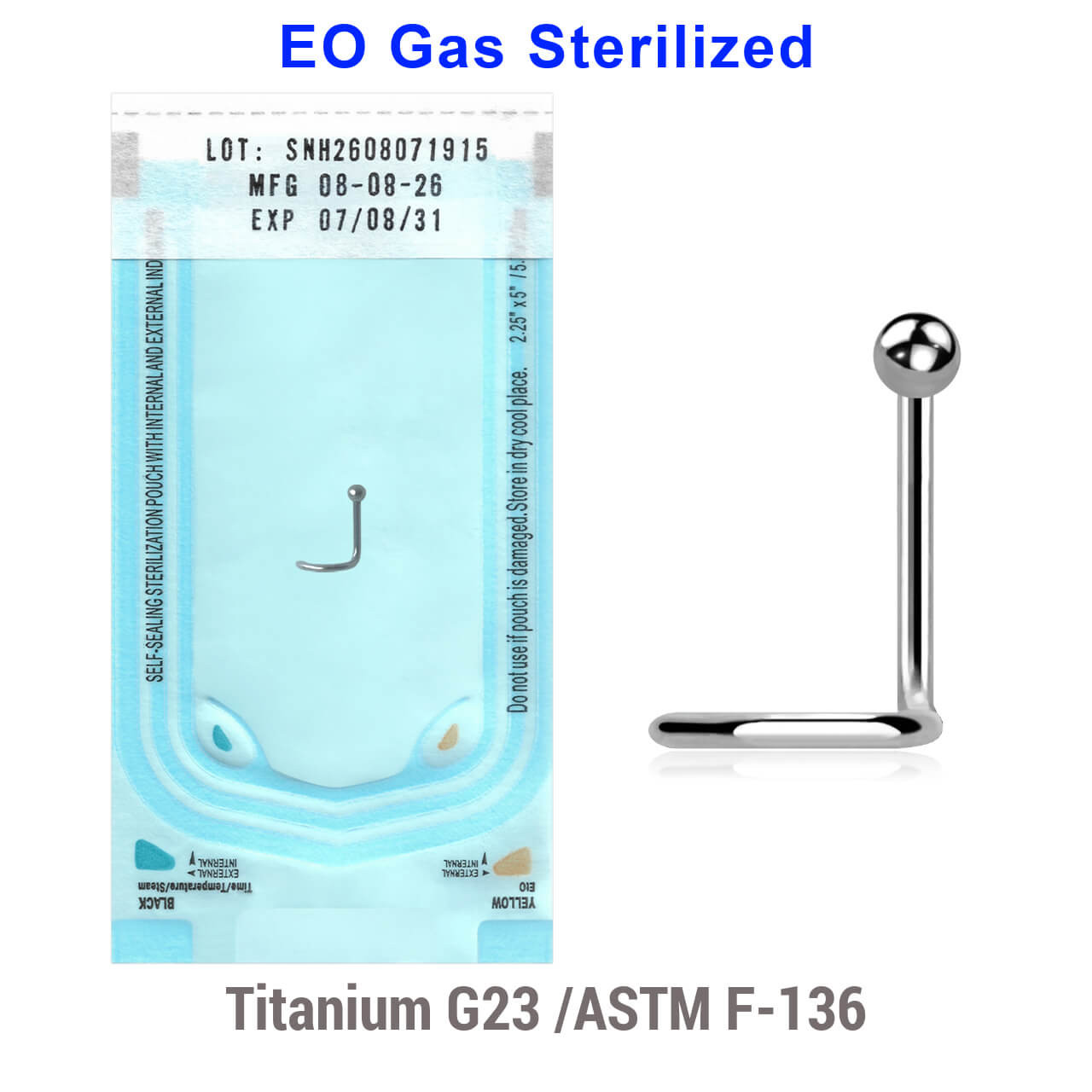 WNS08B2 Sterilized body piercing lot of 10 Titanium G23 nose screws, thickness 0.8mm, Ball size 2mm