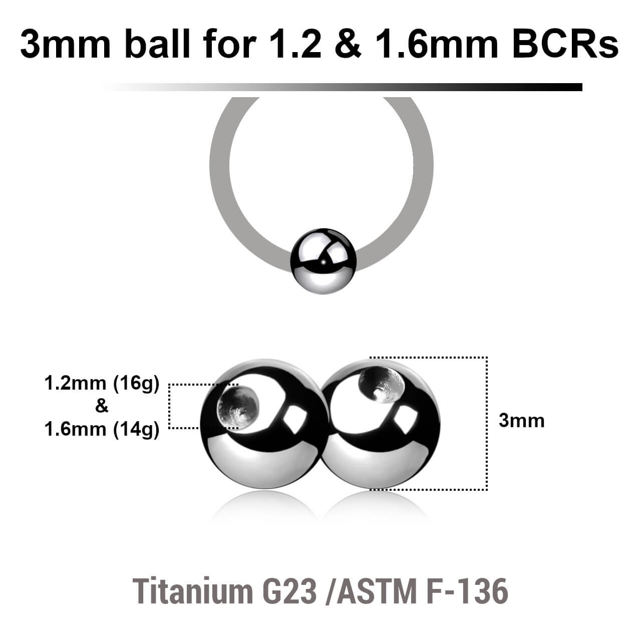 TYB12D3 Piercing studio supplies: Pack of 25 pcs. high polished titanium G23 dimple balls size 3mm for 1.2m ball closure rings