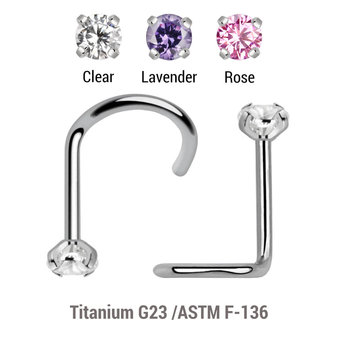 TNS08CZ2 Wholesale Nose Jewelry Set of 10 Titanium G23 nose screws with 2mm prong set CZ stone, thickness 0.8mm