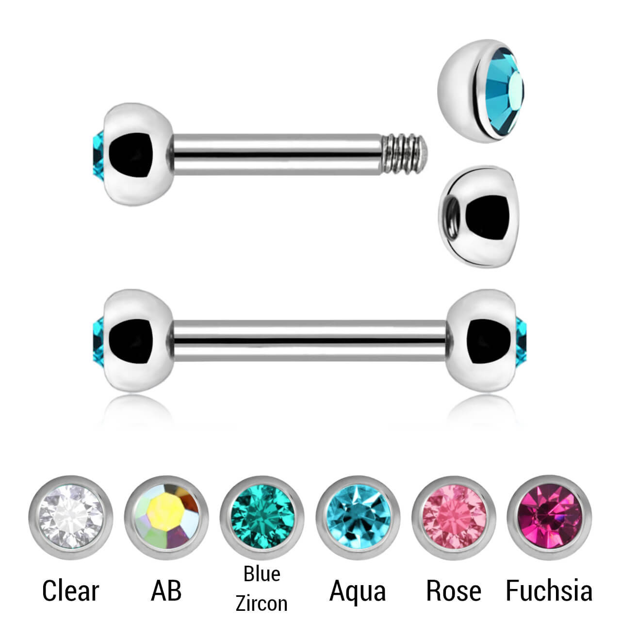 SBA12BJ3H Pack of 10 surgical steel helix or eyebrow barbells, Thickness 1.2mm, with two 3mm steel half balls with a bezel set crystal