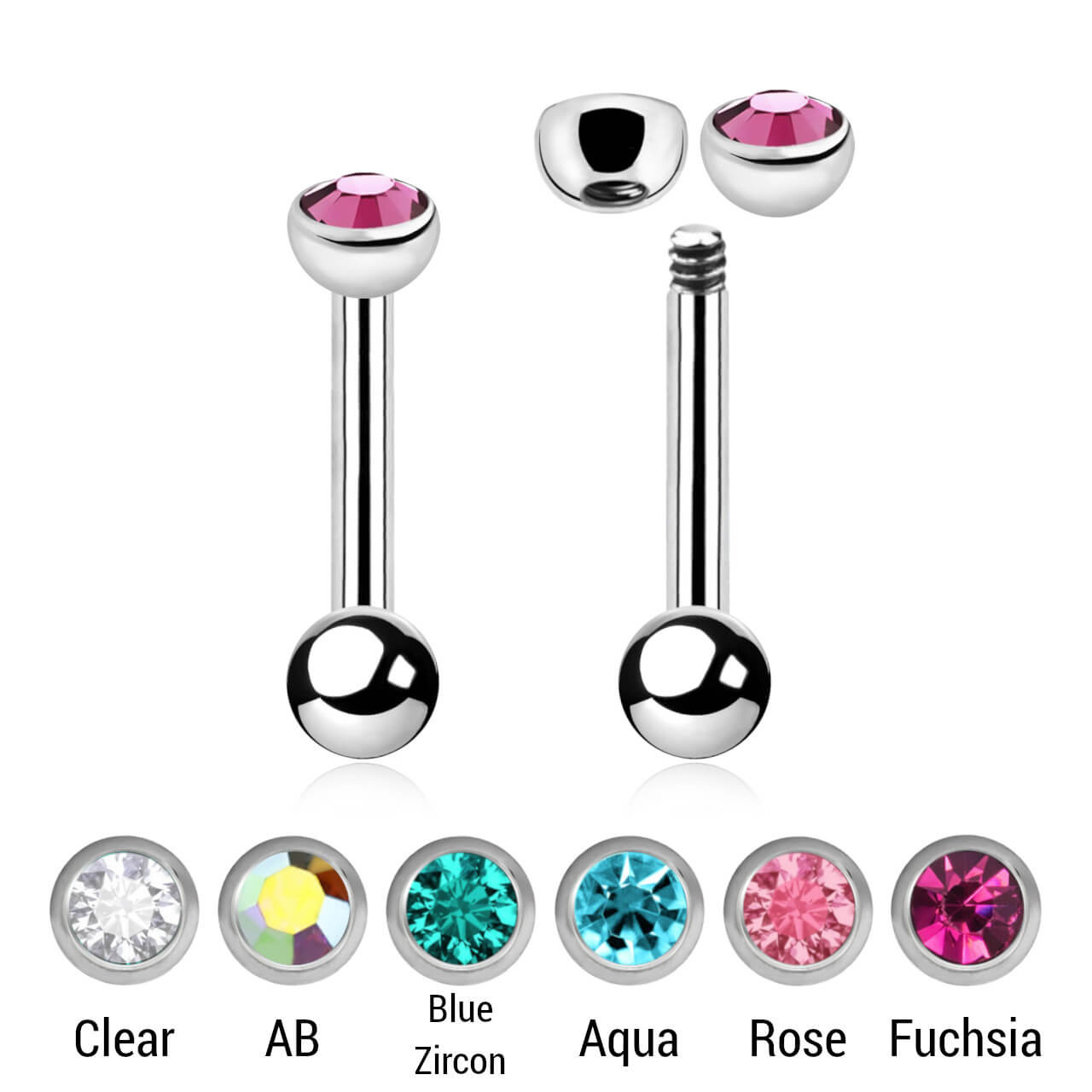 SBA12BJ3HS Pack of 10 surgical steel tragus barbells, Thickness 1.2mm, with a top 3mm half ball with a bezel set crystal and a lower 3mm plain ball