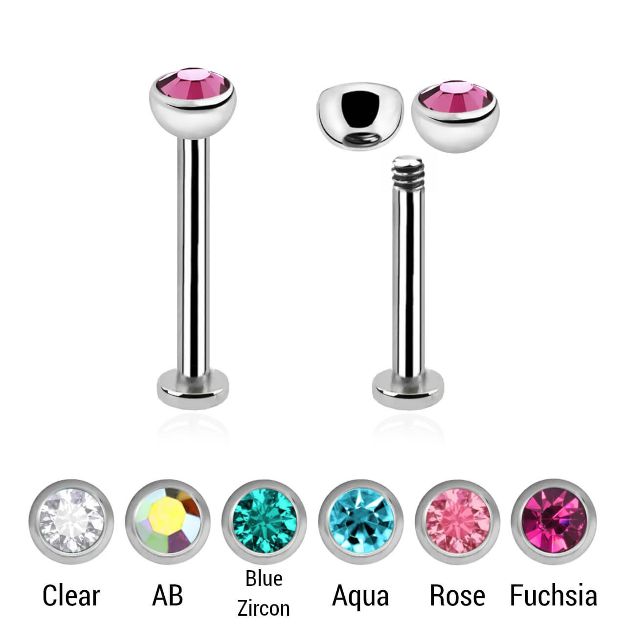 SLB12BJ3HT Pack of 10 surgical steel tragus labrets with 2.5mm disk, Thickness 1.2mm, with a top 3mm steel half ball with a bezel set crystal
